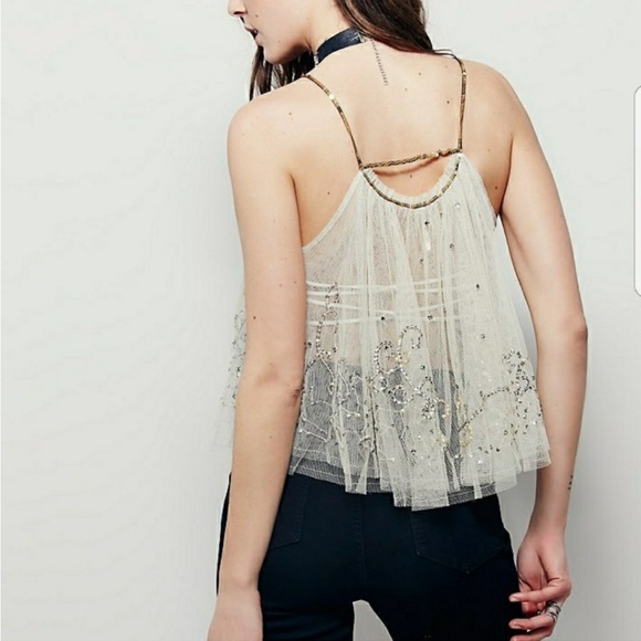 NWT Free People Cream Mesh Sequin Sparkle Swing Tank - Picture 2 of 13